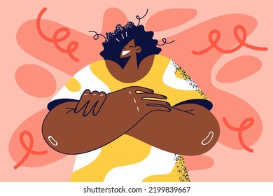 Portrait of smiling young African American woman posing feeling excited and joyful. Happy black female showing good mood. Vector illustration. 