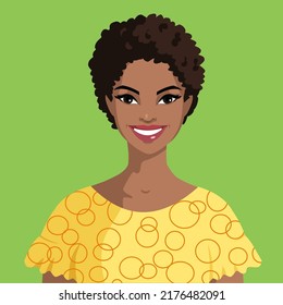 Portrait Of A Smiling Young Black Woman With A Short Haircut. African Girl Isolated On Green Background. Avatar Of A Happy Dark-skinned Woman In Yellow Clothes. Vector.