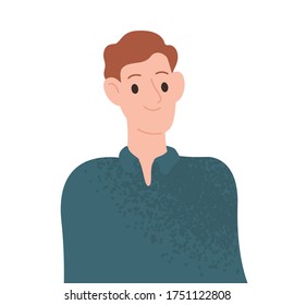 Portrait of smiling young casual man vector flat illustration. Happy guy demonstrate positive emotions isolated on white background. Colorful cheerful male with joyful face expression