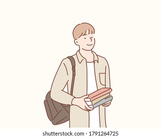 Portrait of smiling young college student with books and backpack. Hand drawn style vector design illustrations.