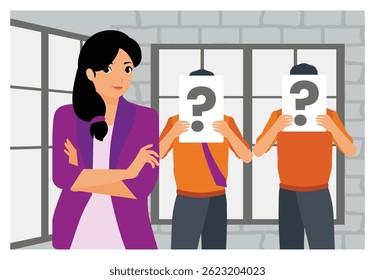 Portrait of smiling young employee successful at interview in office with background individuals partially hidden behind question mark signs. Staff recruitment concept. Flat vector illustration