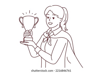 Portrait of smiling young female employee holding golden prize in hands celebrate business promotion or triumph. Happy businesswoman with award. Vector illustration. 