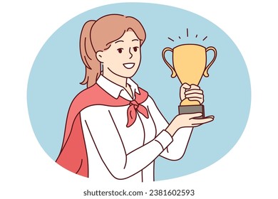 Portrait of smiling young female employee holding golden prize in hands celebrate business promotion or triumph. Happy businesswoman with award. Vector illustration.