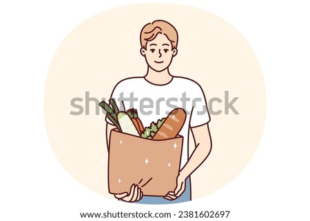 Portrait of smiling young man with bag with groceries. Happy guy holding package with goods and products. Shopping and nutrition. Vector illustration.