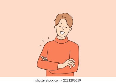 Retrato de un joven sonriente que se siente optimista y alegre. Foto de perfil de un hombre feliz con los brazos cruzados de buen humor. Ilustración vectorial. 