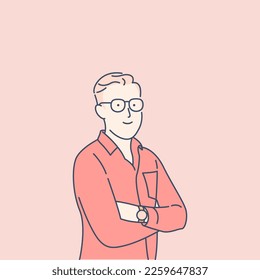 Portrait of a smiling young man with glasses, hand drawn style vector design illustration