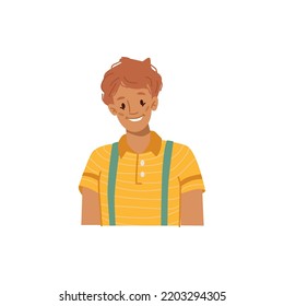Portrait of smiling young man, isolated child with pleasing facial expression. Happiness and content, satisfaction and joy. Vector in flat cartoon style