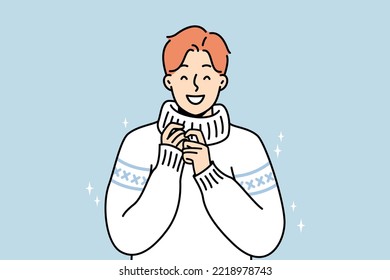 Portrait of smiling young man in knitwear. Happy millennial guy in fashionable knit sweater. Winter wear and fashion. Vector illustration. 