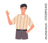 Portrait of smiling young man saying hello and waving with hand. Hi or bye gesture. Happy guy greeting and welcoming smb. Colored flat vector illustration isolated on white background