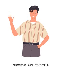 Portrait of smiling young man saying hello and waving with hand. Hi or bye gesture. Happy guy greeting and welcoming smb. Colored flat vector illustration isolated on white background