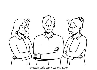 Portrait of smiling young professionals in uniforms feeling successful and confident. Group of work specialists or staff in formal wear. Vector illustration. 