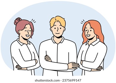 Portrait of smiling young professionals in uniforms feeling successful and confident. Group of work specialists or staff in formal wear. Vector illustration.