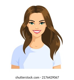 Portrait of a smiling young woman with brown flowing hair. A girl in a white T-shirt is isolated on a white background. Avatar of a happy woman. Vector.