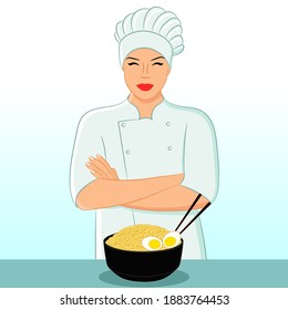 Portrait of smiling young woman chef or cook wearing chef hat and uniform with a bowl of Ramen noodles with eggs and chopsticks. Food Influencer, Cooking class, Video tutorial. Vector illustration