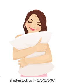 Portrait of smiling young woman holding pillow isolated vector illustartion. Beautiful sleeping girl seeing sweet dreams.