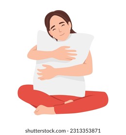 Portrait of smiling young woman holding pillow isolated vector illustartion. Flat vector illustration isolated on white background