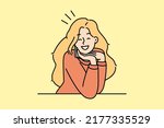 Portrait of smiling young woman look at camera feeling optimistic and joyful. Happy millennial girl posing indoors. Vector illustration. 