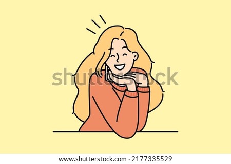 Portrait of smiling young woman look at camera feeling optimistic and joyful. Happy millennial girl posing indoors. Vector illustration.  Foto stock © 