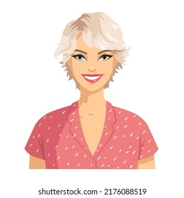 Portrait of a smiling young woman with a short haircut. Blonde girl isolated on white background. Avatar of a happy woman. Vector.