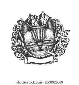 Retrato de gato sonriente humeante con fondo de montaña y banner, ilustración dibujada a mano vectorial