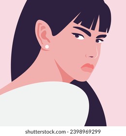 The portrait of a sneaky and evil Asian woman. The avatar for social media. Facial expressions. Vector illustration in flat style.