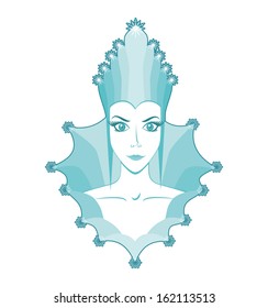Portrait of snow queen, a woman wearing a crown with snowflakes, snow queen emblem