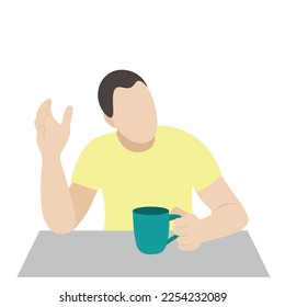 Portrait of a sociable guy with a cup in his hand at the table, flat vector, isolate on white, faceless illustration, coffee break
