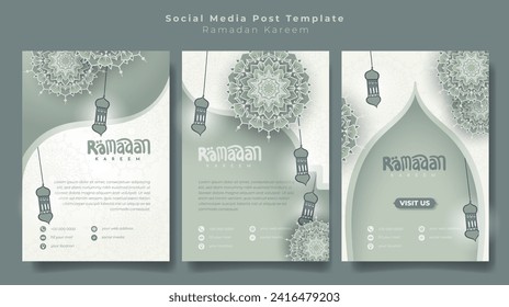Portrait social media post template with mandala and portrait design for ramadan kareem advertising, islamic background in green mint design