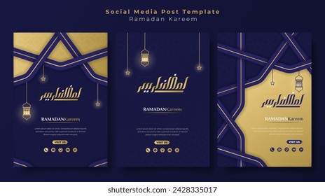 Portrait social media post template with paper cut design in purple and gold background with arabic calligraphy. Arabic text mean is ramadan kareem. Islamic background in purple paper cut design
