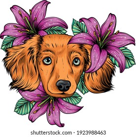 Porträt eines spanischen Hundes in einem Blumenkranz. Vektorgrafik.