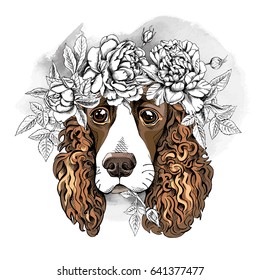 Portrait of a Spaniel dog in a flower head wreath. Vector illustration.