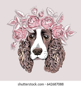 Portrait of a Spaniel dog in a Rose flower head wreath. Vector illustration.