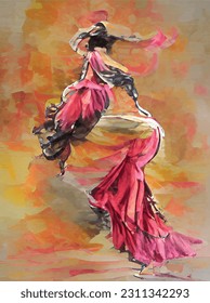 Portrait of a spanish showgirl in abstract style. Oil painting. Flamenco dancer. Vector, illustration.