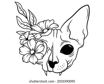 Portrait of sphynx cat head with flowers. Floral cat with blossom headband. Lovers pets. Tattoo. Design for t-shirts.  Pet skull design with natural accessories. 