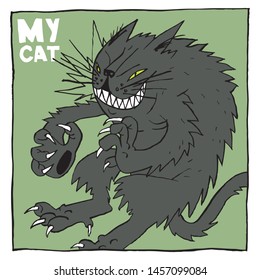 Portrait of a spiny cat, with sharp claws and teeth. Color humorous illustration, suitable for the design of publications and poster.