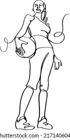 Portrait of sporty girl, standing, holding a ball under her arm. Continuous line vector illustration, bottom view.
Concept of sporty lifestyle, health, energy, vitality.
