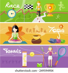 Portrait of sporty girl tennis player with racket in flat design style. Winning athlete female crosses the finish line. Young woman doing yoga. Yoga lotus pose