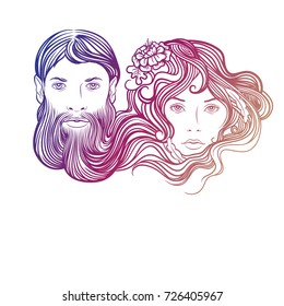 Portrait of spouses. Image of loving man and woman. Family values. Illustration. Beautiful married couple. Vector graphics. Gradient color. White background. Merging.