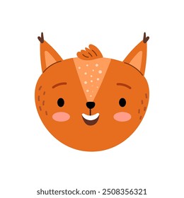 Portrait of squirrel or fox snout, isolated rodent character with bushy tail and tufted ears. Vector mascot personage with furry coat. Forest woods animal emoticon, chipmunk emoji or sticker