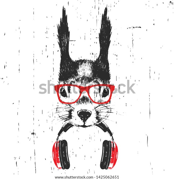 Portrait Squirrel Glasses Headphones Handdrawn Illustration Stock Vector Royalty Free 