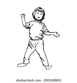Portrait of standing kid. Full length, black and white portrait