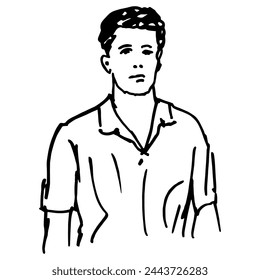 Portrait of a standing young man wearing shirt. Casual dress. Handsome guy. Hand drawn linear doodle rough sketch. Black and white silhouette.