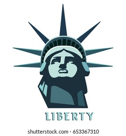 
Portrait of the Statue of Liberty. New York landmark. US copper sculpture. Picture 3D text. The national symbol of America, a bronze color. Green illustration on a white background. Vector logo