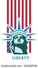 
Portrait of the Statue of Liberty on the background of the US flag. Patterns presentations. 3D font letters. The national symbol of America. Dark green illustration on a white background. Poster
