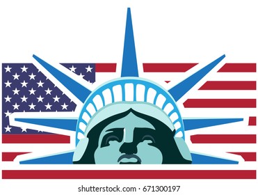 
Portrait. Statue of Liberty. On the background of the United States flag. Download banner, layout. Celebration, Silhouette. Street Business. Color illustration, white background. Vintage
