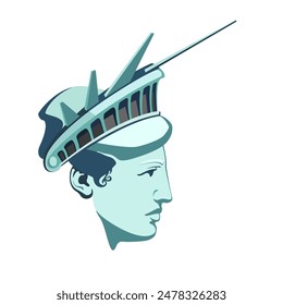 Portrait of Statue of Liberty, presentation poster. USA Independence Day. Green flat design template. US holiday. National symbol of America New York, banner, advertising, freedom. Vector illustration