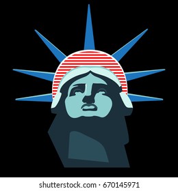 Portrait. Statue of Liberty. USA. Independence. Download the banner, layout. Celebration on July 4th. Red stripes Blue crown Street Business. Black background
