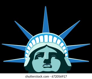 
Portrait. Statue of Liberty. USA. Independence. Download the banner, layout. Celebration on July 4th. Cinema rays. Blue crown Street Business. Green and blue illustration. Black background
