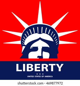 Portrait of the Statue of Liberty USA. New York. Light blue logo on a red background. American symbol. Vector illustration EPS 10