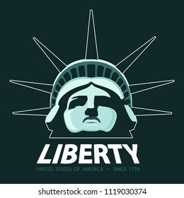 Portrait. Statue of Liberty USA, poster. 2018. Green Linear Image. National Symbol of America. Illustration, dark green background. Use presentations, corporate reports, emblems, labels, logos, vector